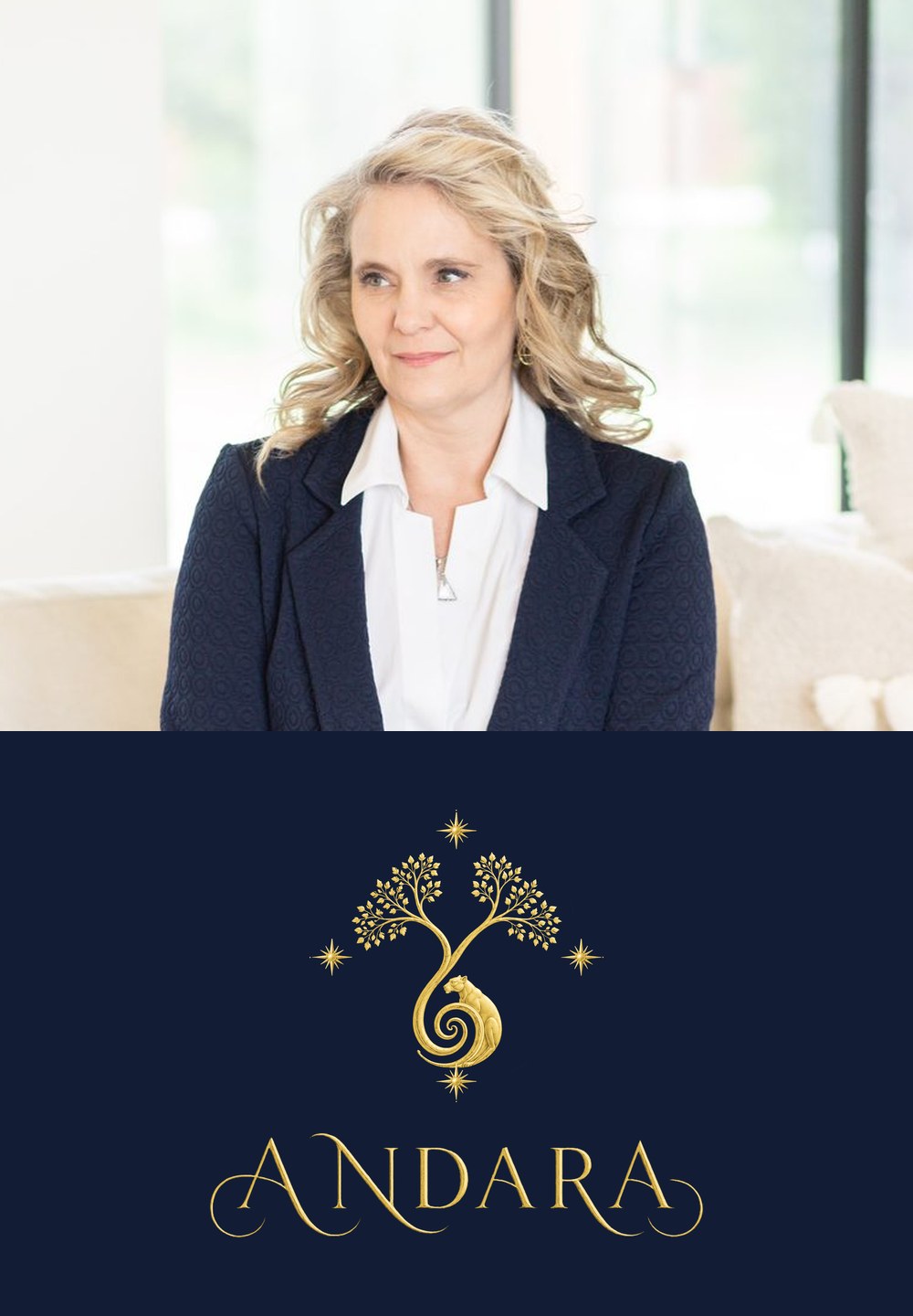 Dr. Amy with the Andara jaguar and tree of life logo