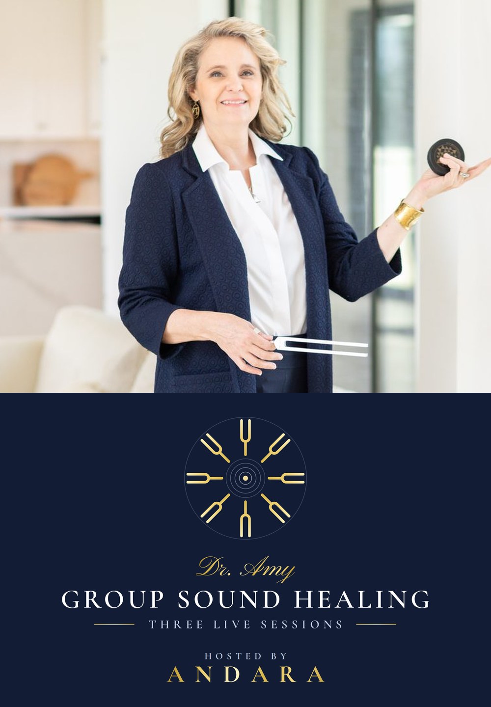 Dr. Amy holding her tuning forks, with the GROUP SOUND HEALING logo