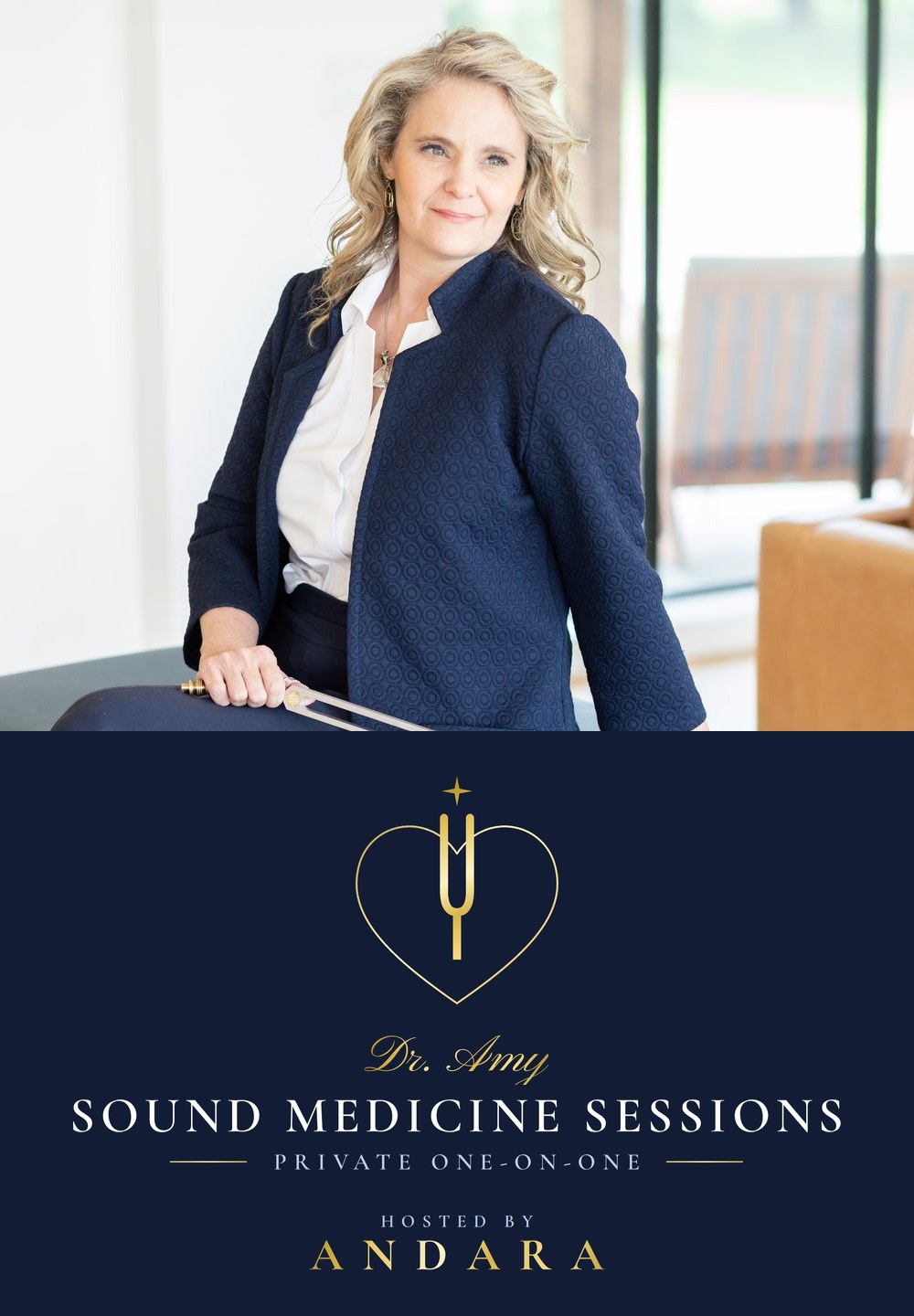 Dr. Amy with her tuning forks at the treatment table, with the SOUND MEDICINE SESSIONS logo